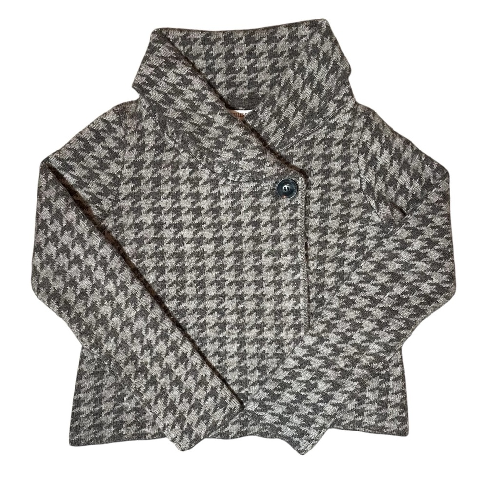 Ellen Tracy Houndstooth Wool Blend Cardigan Sweater Cropped Jacket Brown